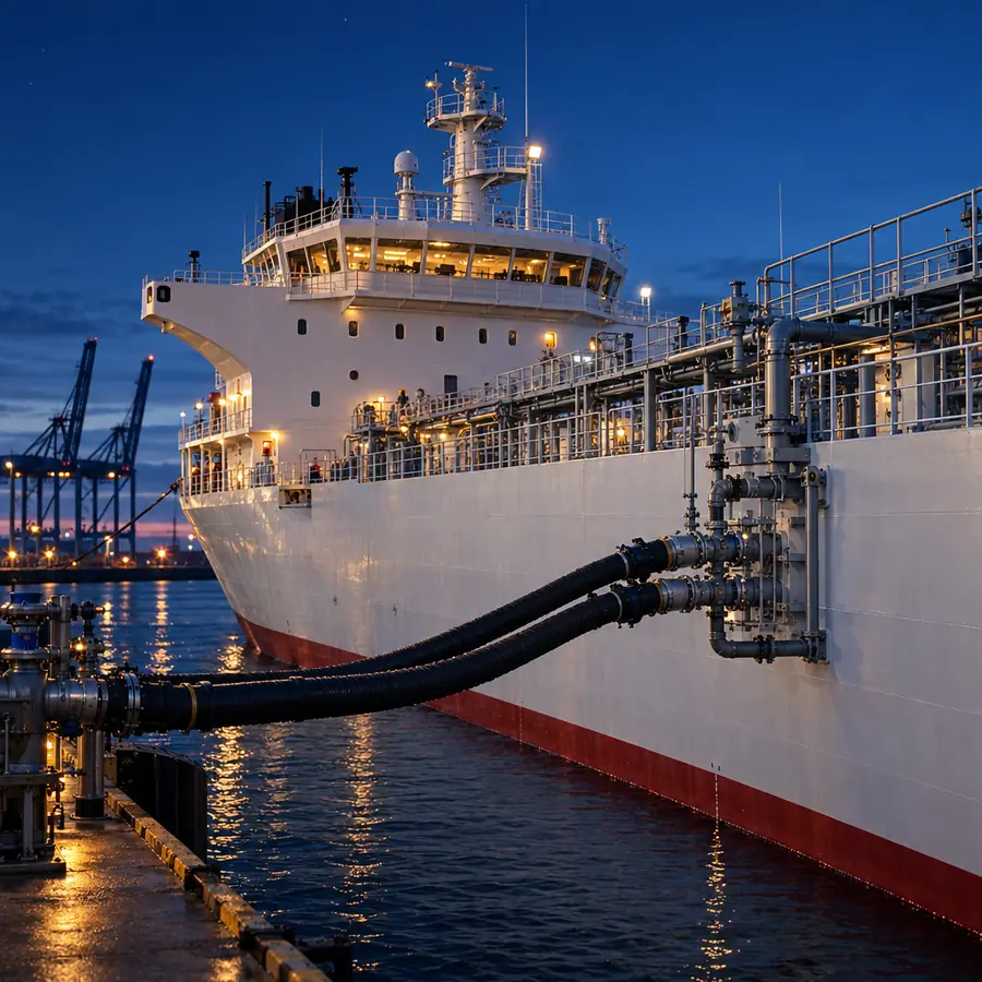 Product tanker berthed with loading hoses connected