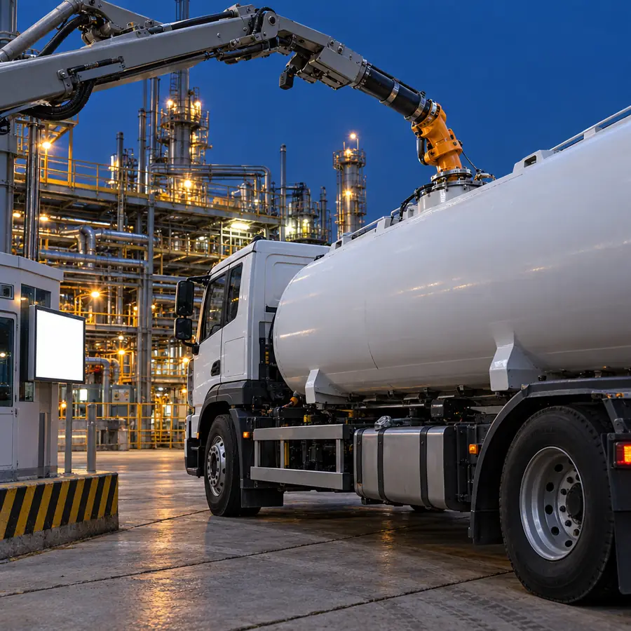 Road tanker loading diesel at a refinery gantry