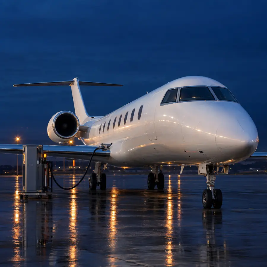 Business jet on the apron beside a fuelling unit
